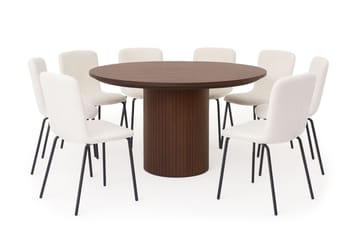 Kopparbo Rundt Spisebord 180 cm med 8 Katy Spisestoler - Valnøtt / Hvit Bouclé / Metallben Svart - Møbler - Bord - Spisegruppe