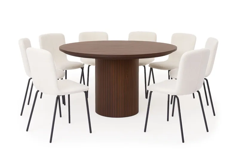 Kopparbo Rundt Spisebord 180 cm med 8 Katy Spisestoler, Valnøtt / Hvit Bouclé / Metallben Svart