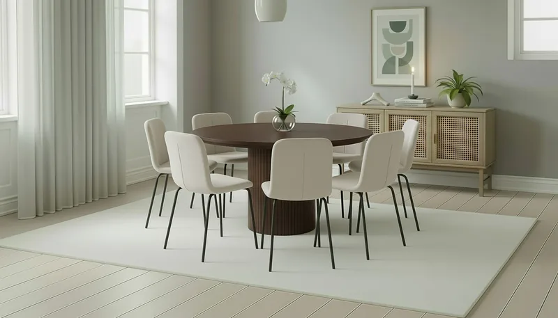 Kopparbo Rundt Spisebord 180 cm med 8 Katy Spisestoler - Valnøtt / Hvit Bouclé / Metallben Svart - Møbler - Bord - Spisegruppe