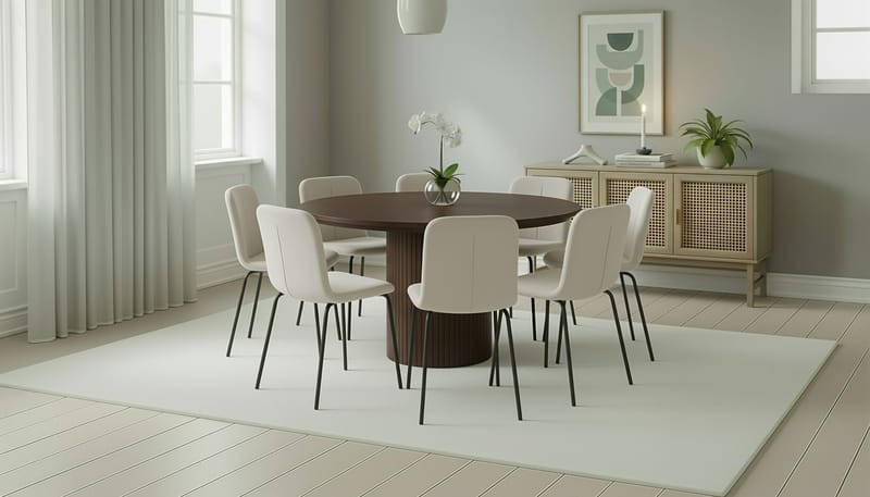 Kopparbo Rundt Spisebord 180 cm med 8 Katy Spisestoler - Valnøtt / Hvit Bouclé / Metallben Svart - Møbler - Bord - Spisegruppe