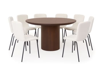 Kopparbo Rundt Spisebord 180 cm med 8 Katy Spisestoler - Valnøtt / Hvit Bouclé / Metallben Svart - Møbler - Bord - Spisegruppe