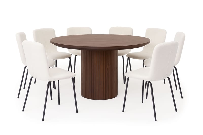 Kopparbo Rundt Spisebord 180 cm med 8 Katy Spisestoler, Valnøtt / Hvit Bouclé / Metallben Svart
