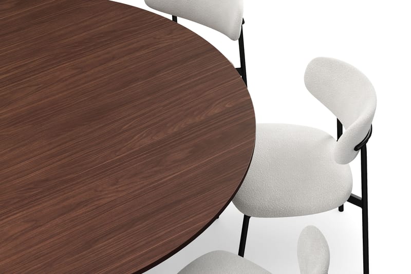 Kopparbo Rundt Spisebord 180 cm med 8 Lucy Spisestoler - Valnøtt / Greige Bouclé / Metallben Svart - Møbler - Bord - Spisegruppe