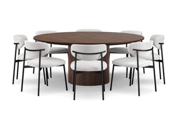 Kopparbo Rundt Spisebord 180 cm med 8 Lucy Spisestoler - Valnøtt / Greige Bouclé / Metallben Svart - Møbler - Bord - Spisegruppe