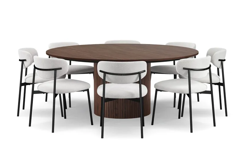 Kopparbo Rundt Spisebord 180 cm med 8 Lucy Spisestoler, Valnøtt / Greige Bouclé / Metallben Svart