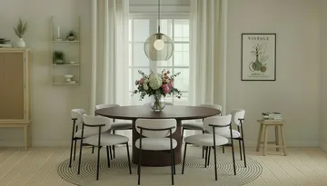 Kopparbo Rundt Spisebord 180 cm med 8 Lucy Spisestoler - Valnøtt / Greige Bouclé / Metallben Svart - Møbler - Bord - Spisegruppe