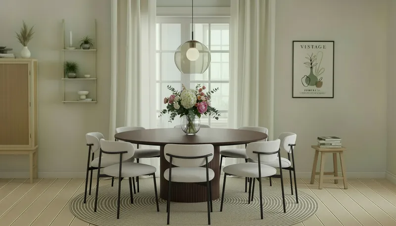 Kopparbo Rundt Spisebord 180 cm med 8 Lucy Spisestoler - Valnøtt / Greige Bouclé / Metallben Svart - Møbler - Bord - Spisegruppe