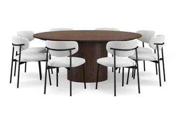 Kopparbo Rundt Spisebord 180 cm med 8 Lucy Spisestoler - Valnøtt / Greige Bouclé / Metallben Svart - Møbler - Bord - Spisegruppe