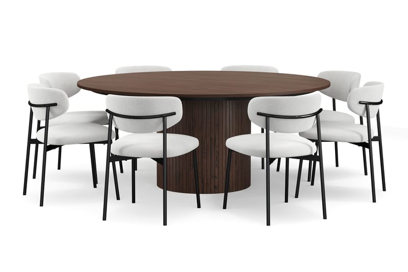 Kopparbo Rundt Spisebord 180 cm med 8 Lucy Spisestoler - Valnøtt / Greige Bouclé / Metallben Svart - Møbler - Bord - Spisegruppe