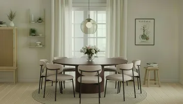 Kopparbo Rundt Spisebord 180 cm med 8 Lucy Spisestoler - Valnøtt / Hvit Bouclé / Metallben Svart - Møbler - Bord - Spisegruppe