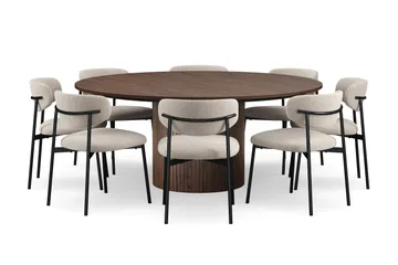 Kopparbo Rundt Spisebord 180 cm med 8 Lucy Spisestoler - Valnøtt / Hvit Bouclé / Metallben Svart - Møbler - Bord - Spisegruppe