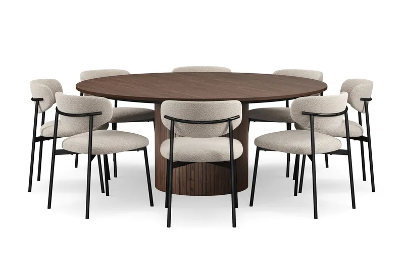 Kopparbo Rundt Spisebord 180 cm med 8 Lucy Spisestoler, Valnøtt / Hvit Bouclé / Metallben Svart