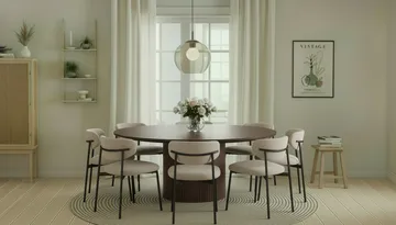 Kopparbo Rundt Spisebord 180 cm med 8 Lucy Spisestoler - Valnøtt / Hvit Bouclé / Metallben Svart - Møbler - Bord - Spisegruppe