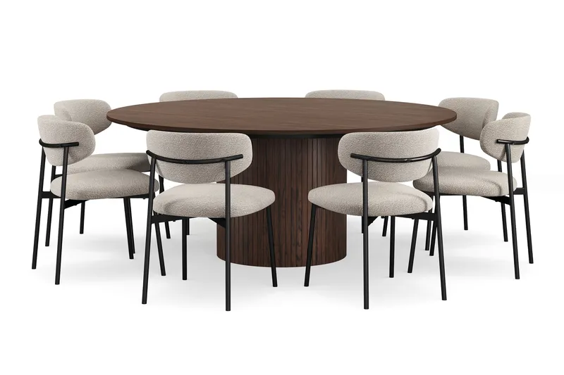 Kopparbo Rundt Spisebord 180 cm med 8 Lucy Spisestoler - Valnøtt / Hvit Bouclé / Metallben Svart - Møbler - Bord - Spisegruppe