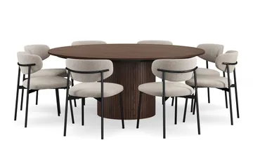 Kopparbo Rundt Spisebord 180 cm med 8 Lucy Spisestoler - Valnøtt / Hvit Bouclé / Metallben Svart - Møbler - Bord - Spisegruppe