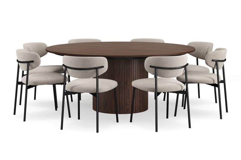Kopparbo Rundt Spisebord 180 cm med 8 Lucy Spisestoler - Valnøtt / Hvit Bouclé / Metallben Svart - Møbler - Bord - Spisegruppe