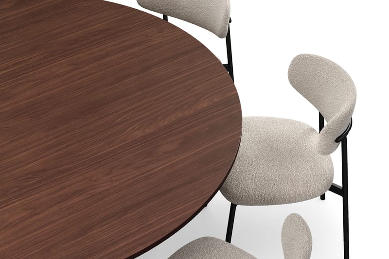 Kopparbo Rundt Spisebord 180 cm med 8 Lucy Spisestoler - Valnøtt / Hvit Bouclé / Metallben Svart - Møbler - Bord - Spisegruppe