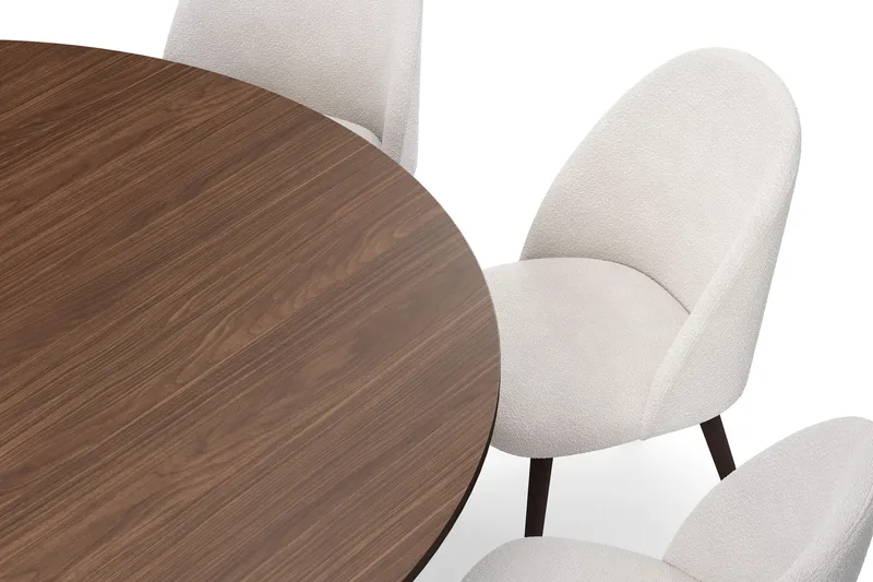 Kopparbo Rundt Spisebord 180 cm med 8 Nibe Plus Spisestoler - Valnøtt / Hvit Bouclé / Metallben Valnøtt - Møbler - Bord - Spisegruppe