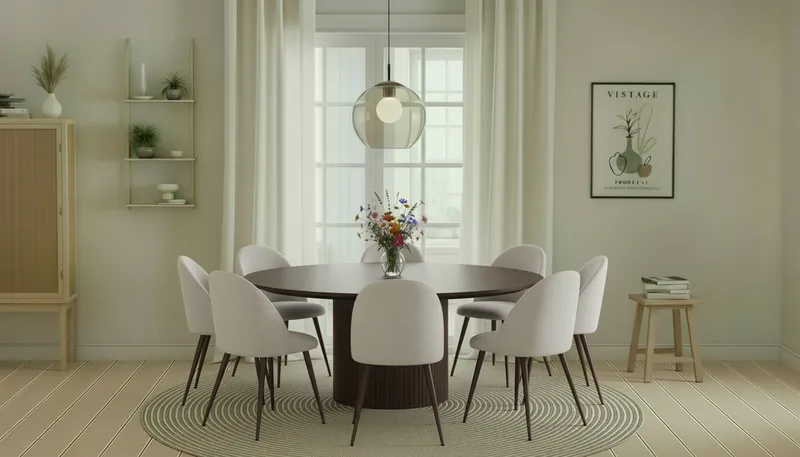 Kopparbo Rundt Spisebord 180 cm med 8 Nibe Plus Spisestoler - Valnøtt / Hvit Bouclé / Metallben Valnøtt - Møbler - Bord - Spisegruppe