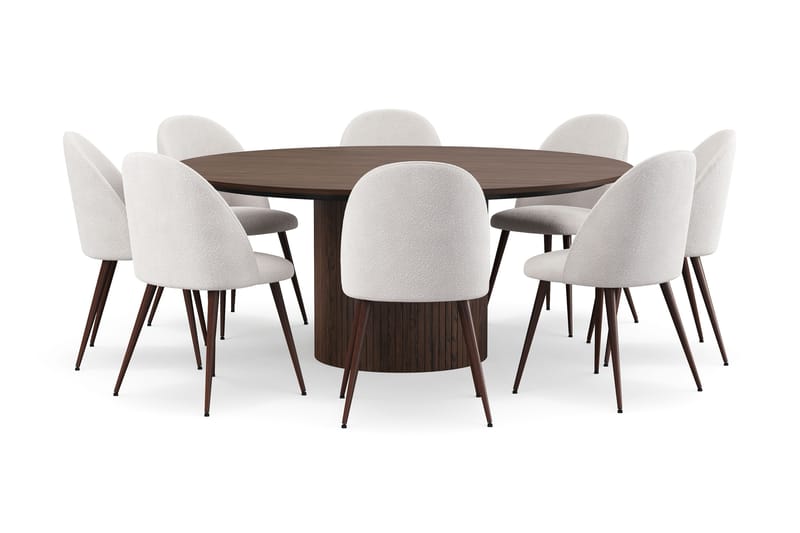 Kopparbo Rundt Spisebord 180 cm med 8 Nibe Plus Spisestoler, Valnøtt / Hvit Bouclé / Metallben Valnøtt