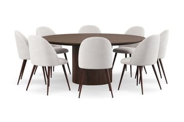 Kopparbo Rundt Spisebord 180 cm med 8 Nibe Plus Spisestoler - Valnøtt / Hvit Bouclé / Metallben Valnøtt - Møbler - Bord - Spisegruppe