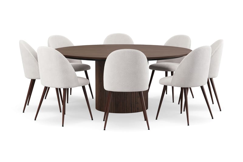 Kopparbo Rundt Spisebord 180 cm med 8 Nibe Plus Spisestoler, Valnøtt / Hvit Bouclé / Metallben Valnøtt