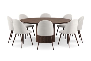 Kopparbo Rundt Spisebord 180 cm med 8 Nibe Plus Spisestoler - Valnøtt / Hvit Bouclé / Metallben Valnøtt - Møbler - Bord - Spisegruppe