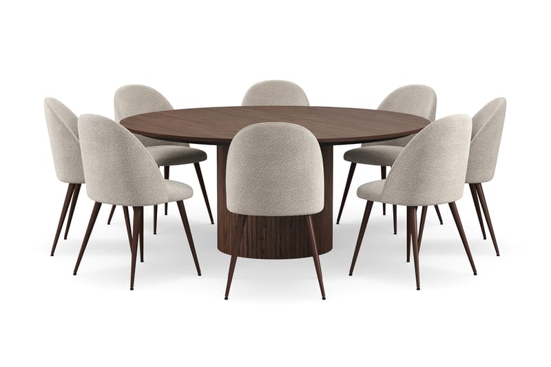 Kopparbo Rundt Spisebord 180 cm med 8 Nibe Plus Spisestoler, Valnøtt / Greige Bouclé / Metallben Valnøtt