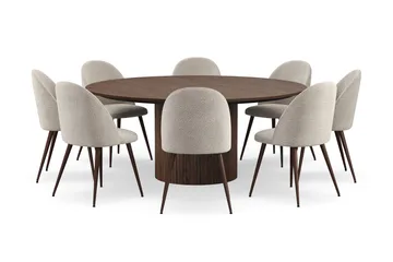 Kopparbo Rundt Spisebord 180 cm med 8 Nibe Plus Spisestoler - Valnøtt / Greige Bouclé / Metallben Valnøtt - Møbler - Bord - Spisegruppe