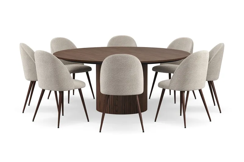 Kopparbo Rundt Spisebord 180 cm med 8 Nibe Plus Spisestoler - Valnøtt / Greige Bouclé / Metallben Valnøtt - Møbler - Bord - Spisegruppe