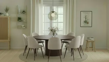 Kopparbo Rundt Spisebord 180 cm med 8 Nibe Plus Spisestoler - Valnøtt / Greige Bouclé / Metallben Valnøtt - Møbler - Bord - Spisegruppe