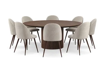 Kopparbo Rundt Spisebord 180 cm med 8 Nibe Plus Spisestoler - Valnøtt / Greige Bouclé / Metallben Valnøtt - Møbler - Bord - Spisegruppe