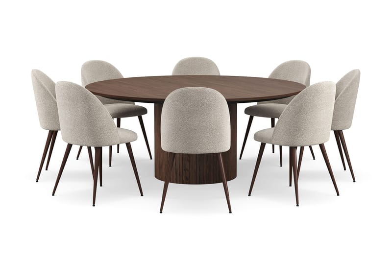 Kopparbo Rundt Spisebord 180 cm med 8 Nibe Plus Spisestoler - Valnøtt / Greige Bouclé / Metallben Valnøtt - Møbler - Bord - Spisegruppe