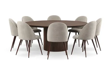 Kopparbo Rundt Spisebord 180 cm med 8 Nibe Plus Spisestoler - Valnøtt / Greige Bouclé / Metallben Valnøtt - Møbler - Bord - Spisegruppe