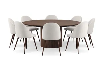 Kopparbo Rundt Spisebord 180 cm med 8 Nibe Plus Spisestoler - Valnøtt / Hvit Bouclé / Metallben Valnøtt - Møbler - Bord - Spisegruppe