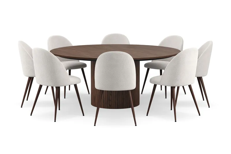 Kopparbo Rundt Spisebord 180 cm med 8 Nibe Plus Spisestoler - Valnøtt / Hvit Bouclé / Metallben Valnøtt - Møbler - Bord - Spisegruppe