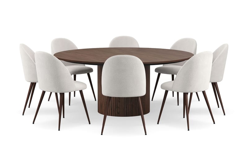 Kopparbo Rundt Spisebord 180 cm med 8 Nibe Plus Spisestoler - Valnøtt / Hvit Bouclé / Metallben Valnøtt - Møbler - Bord - Spisegruppe
