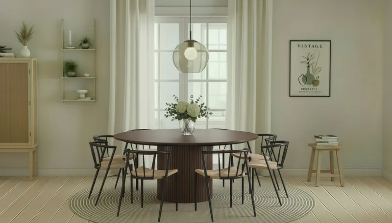 Kopparbo Rundt Spisebord 180 cm med 8 Winston Spisestoler - Valnøtt / Beige / Metallben Svart - Møbler - Bord - Spisegruppe