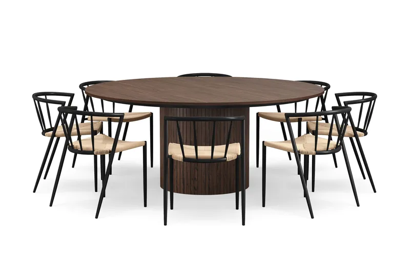 Kopparbo Rundt Spisebord 180 cm med 8 Winston Spisestoler - Valnøtt / Beige / Metallben Svart - Møbler - Bord - Spisegruppe