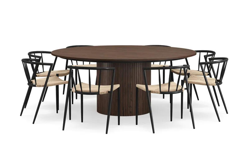 Kopparbo Rundt Spisebord 180 cm med 8 Winston Spisestoler, Valnøtt / Beige / Metallben Svart