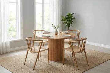 Kopparbo Rundt Spisegruppe 110 cm – Spisebord med 4 Winston Spisestoler i Tre med Eikeutseende - Natur - Møbler - Bord - Spisegruppe