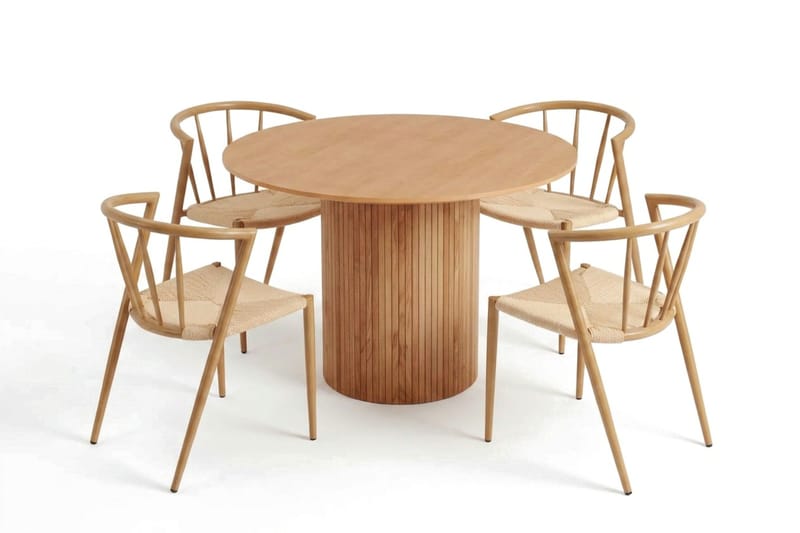 Kopparbo Rundt Spisegruppe 110 cm – Spisebord med 4 Winston Spisestoler i Tre med Eikeutseende - Natur - Møbler - Bord - Spisegruppe