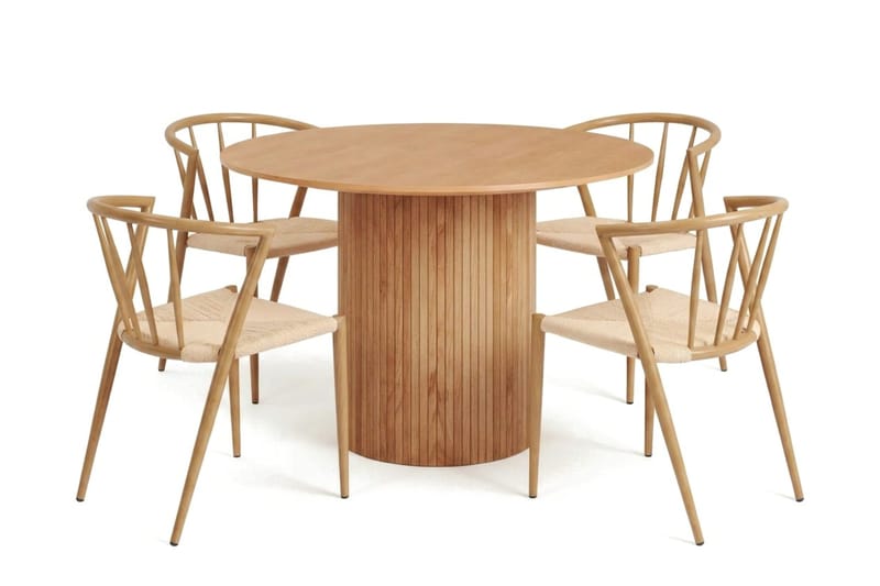 Kopparbo Rundt Spisegruppe 110 cm – Spisebord med 4 Winston Spisestoler i Tre med Eikeutseende, Natur