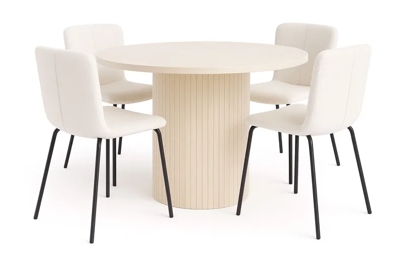 Kopparbo Spisebord 106 cm med 4 Katy Spisestoler, Hvit / Hvit Bouclé / Metallben Svart