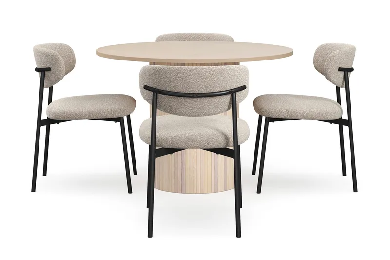 Kopparbo Spisebord 106 cm med 4 Lucy Spisestoler - Hvit / Greige Bouclé / Metallben Svart - Møbler - Bord - Spisegruppe