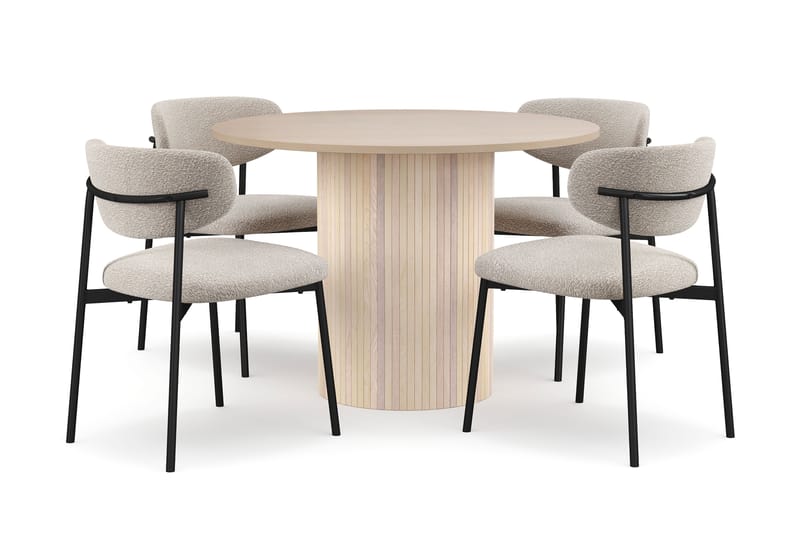 Kopparbo Spisebord 106 cm med 4 Lucy Spisestoler, Hvit / Greige Bouclé / Metallben Svart