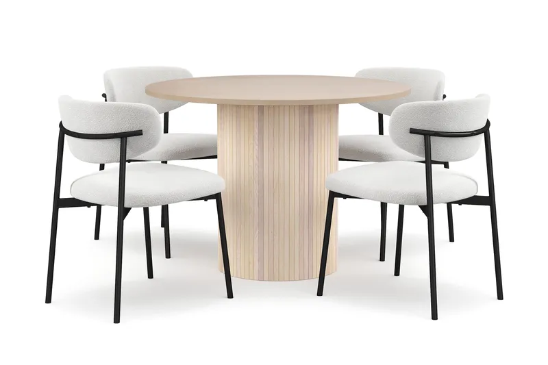 Kopparbo Spisebord 106 cm med 4 Lucy Spisestoler, Hvit / Hvit Bouclé / Metallben Svart