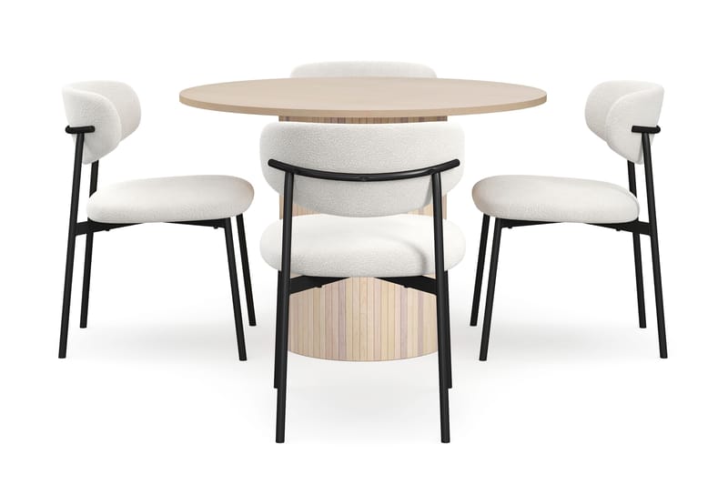 Kopparbo Spisebord 106 cm med 4 Lucy Spisestoler - Hvit / Hvit Bouclé / Metallben Svart - Møbler - Bord - Spisegruppe