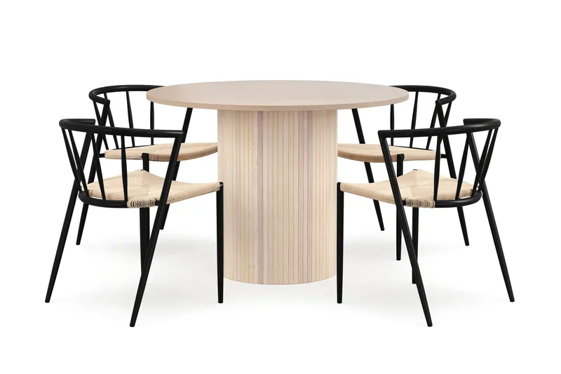 Kopparbo Spisebord 106 cm med 4 Winston Spisestoler, Hvit / Beige / Metallben Svart