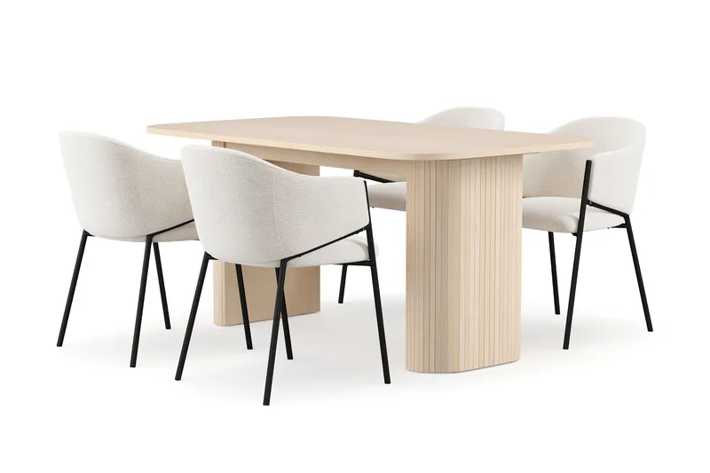 Kopparbo Spisebord 160 cm med 4 Filip Spisestoler, Hvit / Hvit Bouclé
